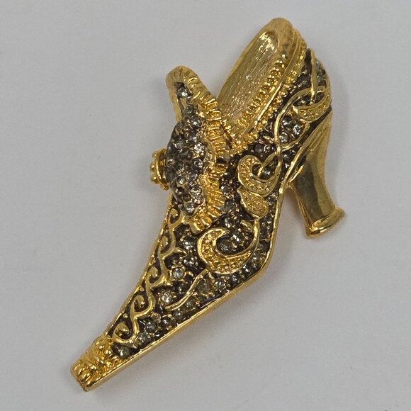 Vintage Gold Tone Rhinestone High Heel Shoe Brooch Baroque Victorian Slipper Pin - Picture 7 of 14